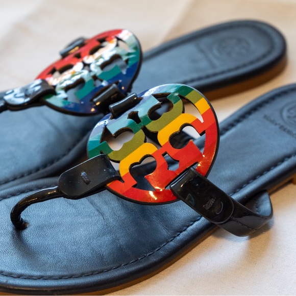 COPY - Tory Burch Miller Royal Navy Rainbow Reva Leather Thong Slide Sandals -s… - Picture 6 of 8